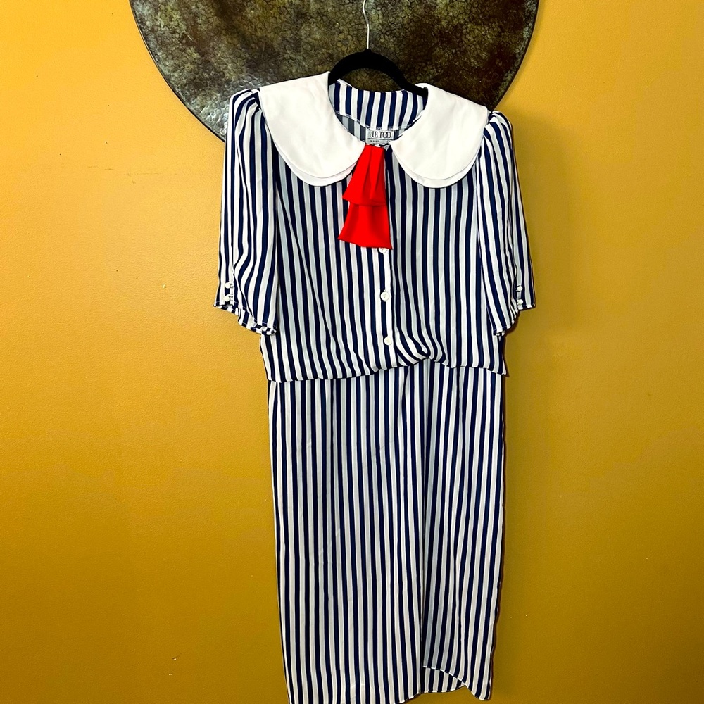 J.B. Too vintage navy blue  and white stripped dress 14